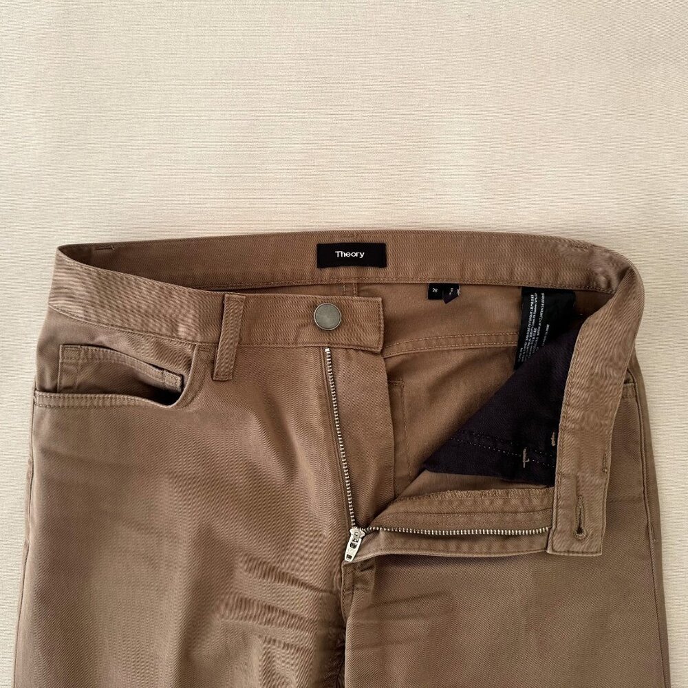 Theory men's classic chino pants, flat front, straight leg, in brown